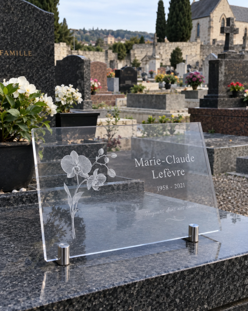 plaque funéraire moderne en plexiglass personnalisée avec une fleur